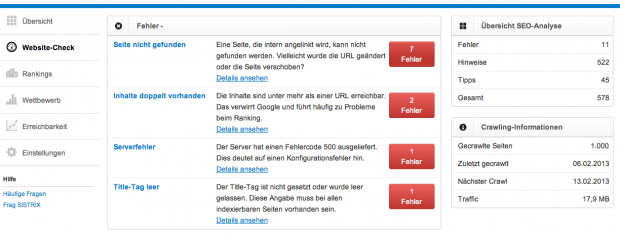 Doppelte Inhalte oder 404-Fehler lassen sich einzeln anzeigen.